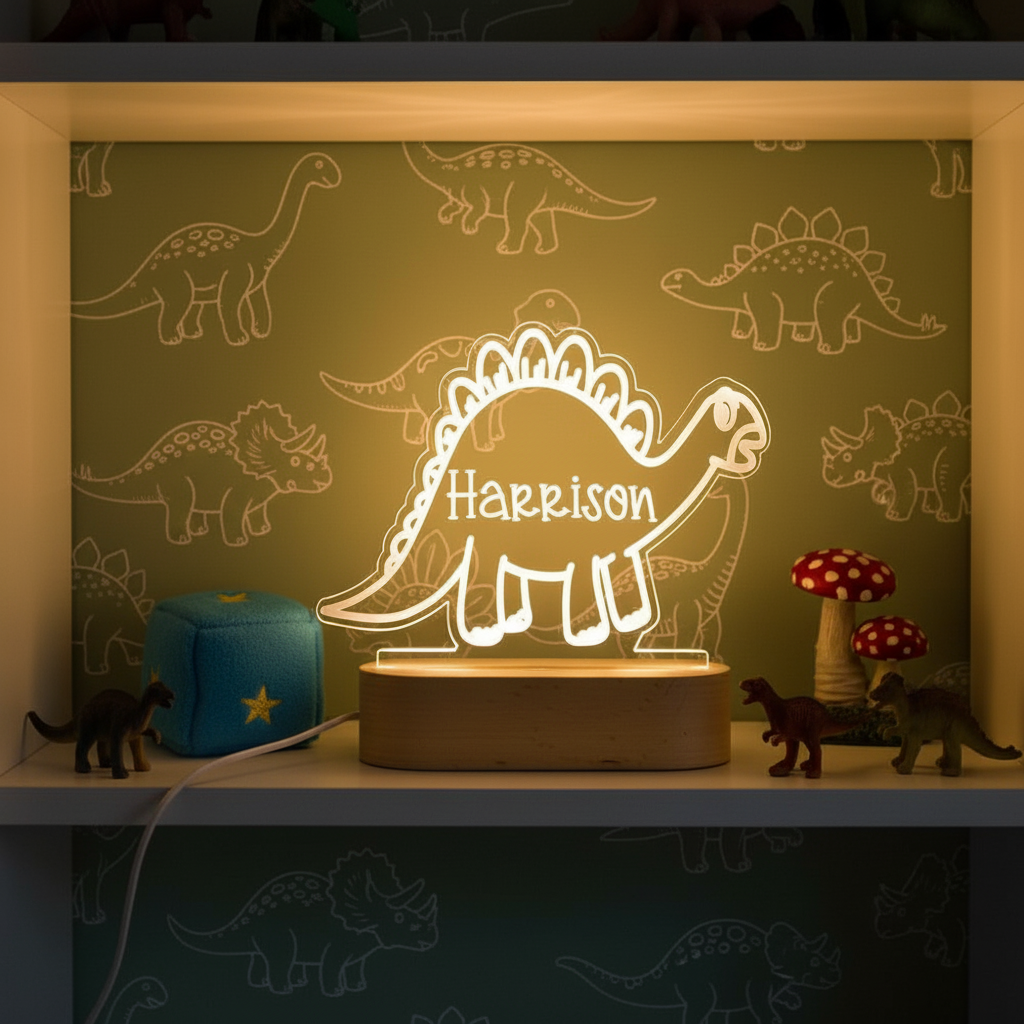 Veilleuse en forme de dinosaure éclairée sur une étagère avec décorations et jouets dinosaures.