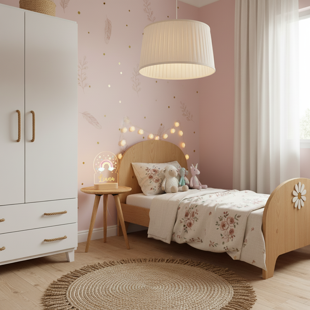 Veilleuse LED enfant arc en ciel installée dans une chambre à l’ambiance apaisante