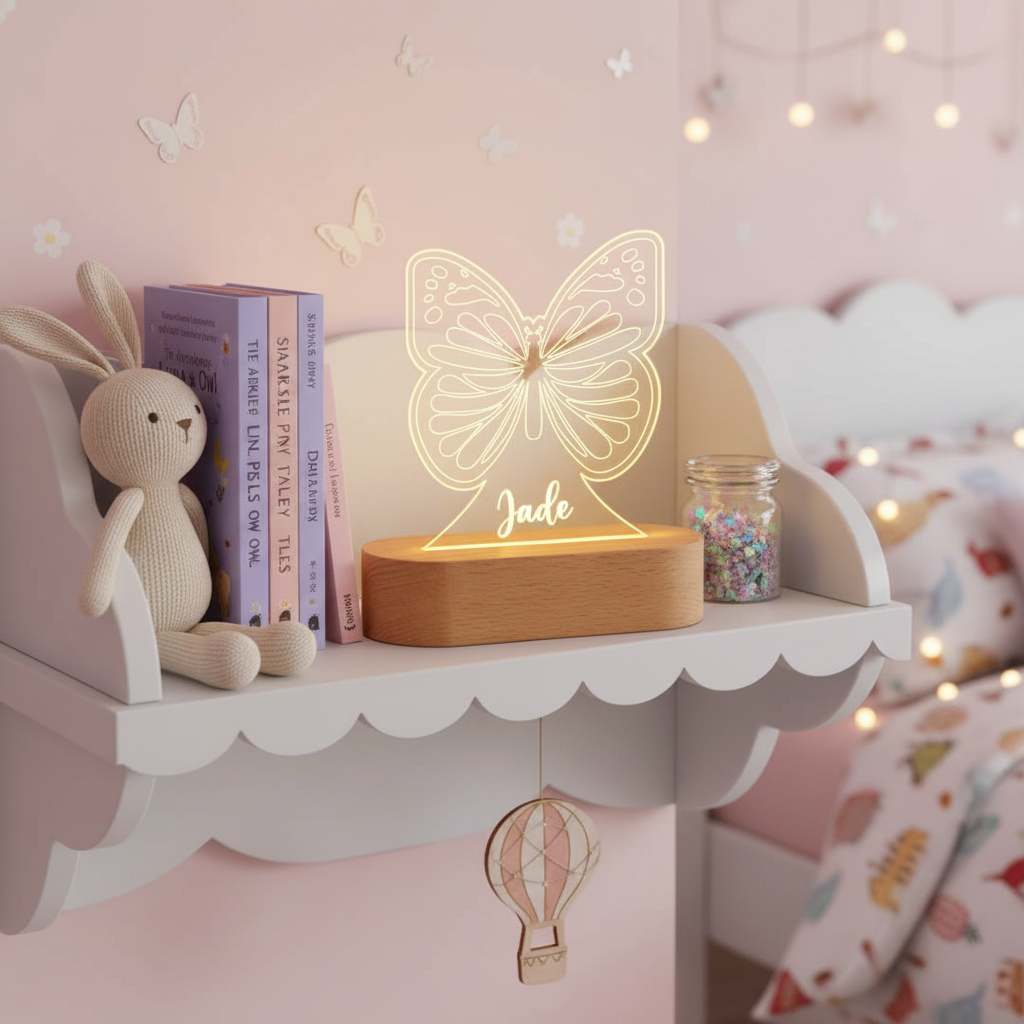 Veilleuse LED enfant décorative en forme de papillon installée sur une étagère, apportant une touche poétique à la décoration intérieure