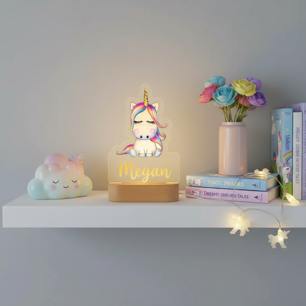 Veilleuse LED pour enfant en forme de licorne posée sur une étagère décorative pour une chambre chaleureuse et féerique