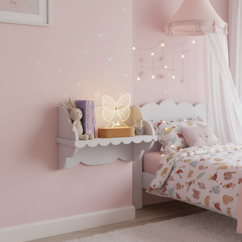 Veilleuse LED enfant en forme de papillon posée dans une chambre, diffusant une lumière douce et rassurante pour créer une ambiance apaisante
