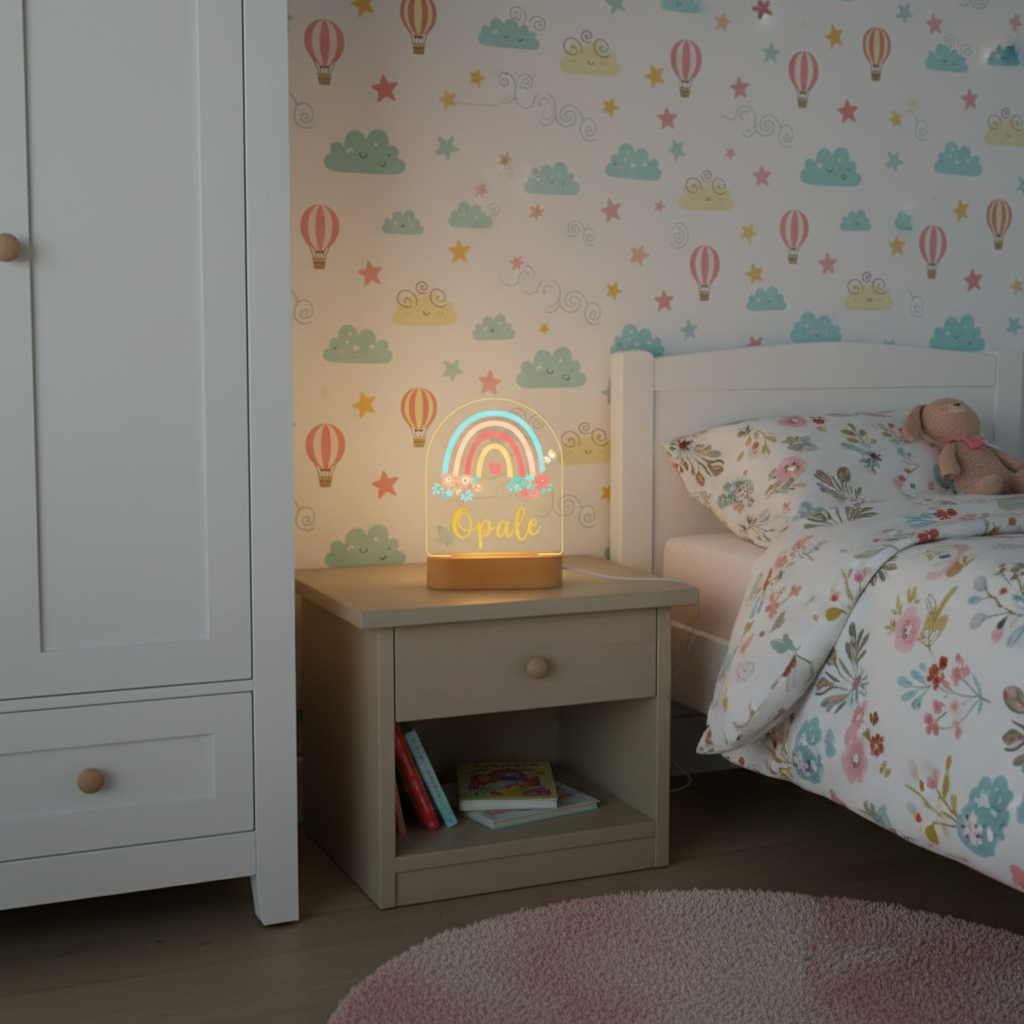 Veilleuse LED enfant arc en ciel posée sur une table de chevet dans une chambre bébé