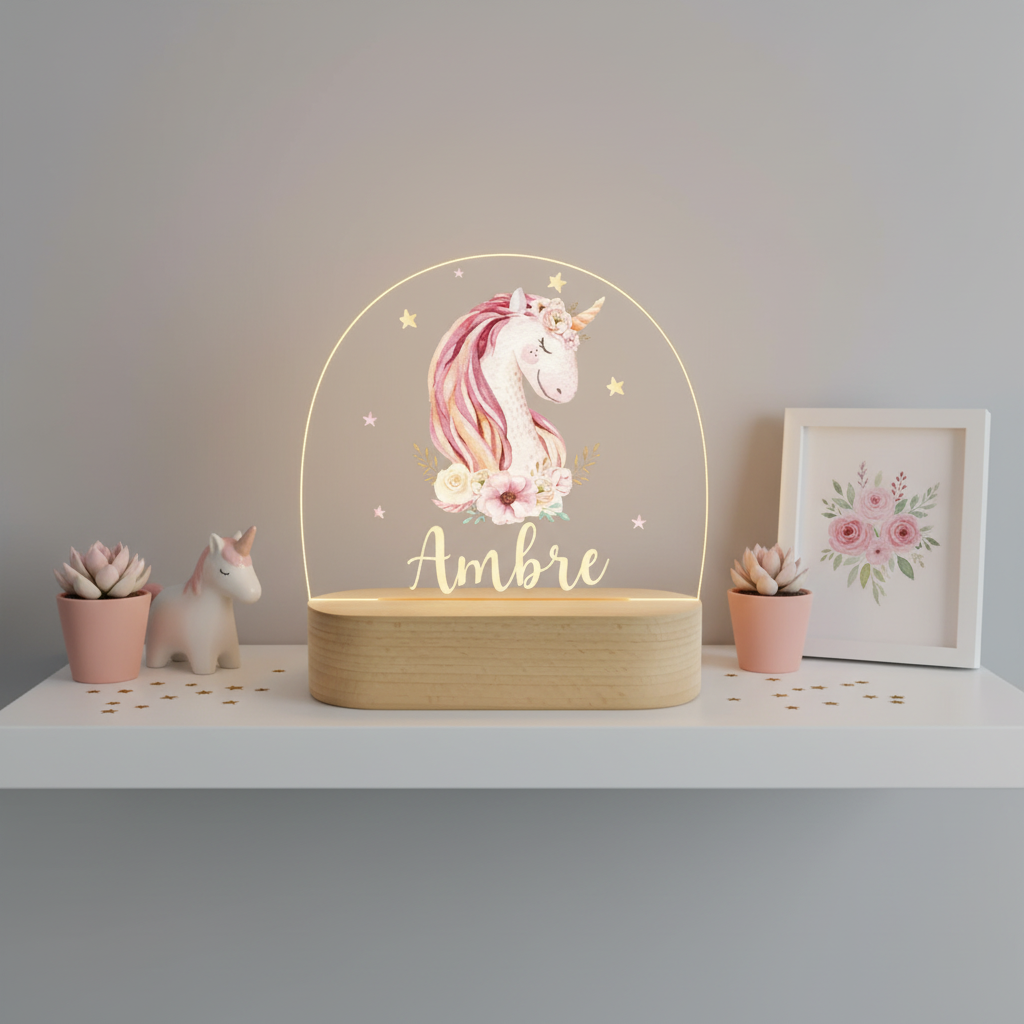 Veilleuse LED licorne diffusant une lumière chaude et apaisante dans une chambre