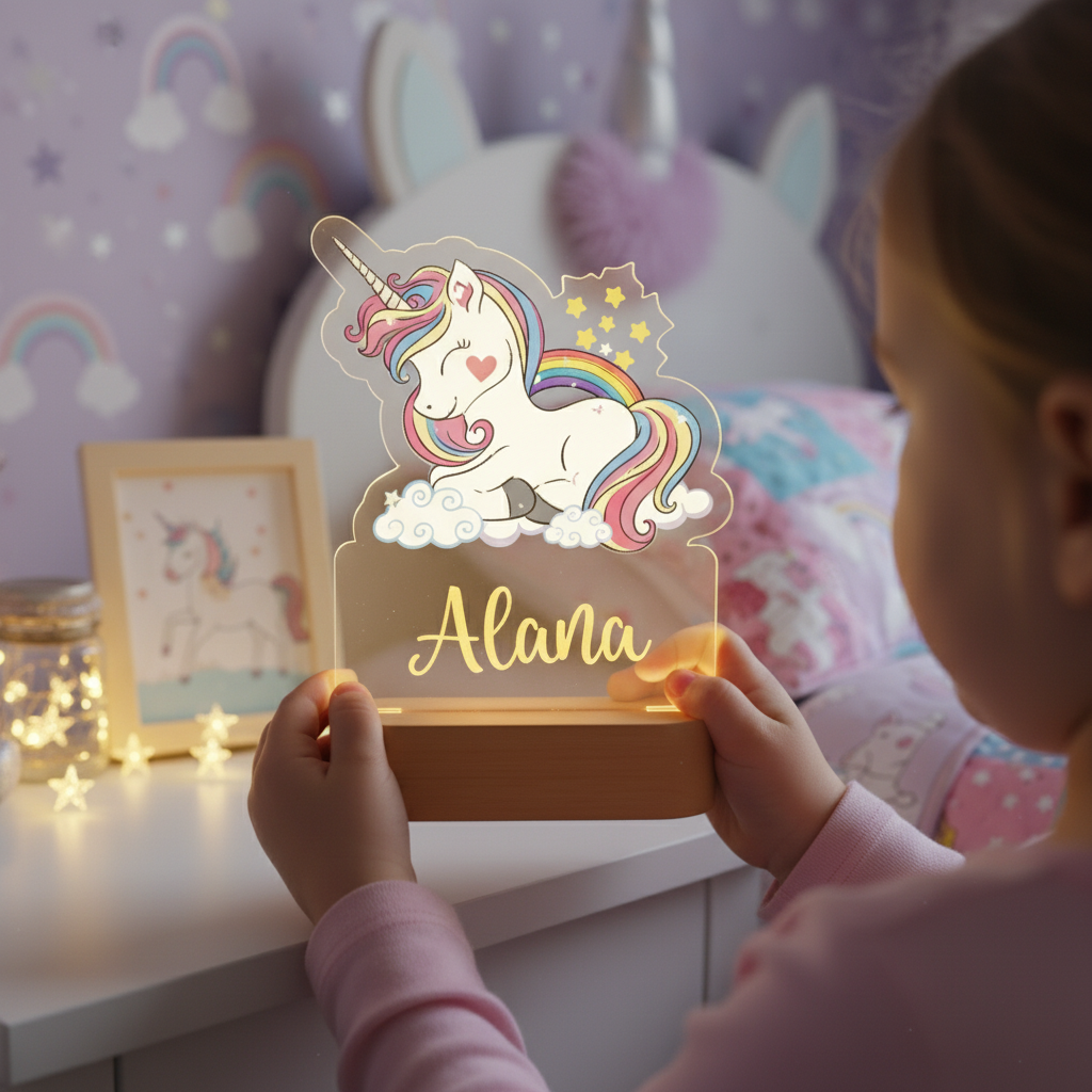 veilleuse LED licorne diffusant une lumière douce pour créer une ambiance rassurante au moment du coucher