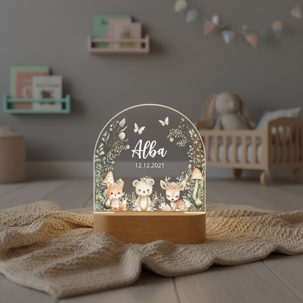 Veilleuse LED décorative avec motifs forêt posée dans une chambre d’enfant