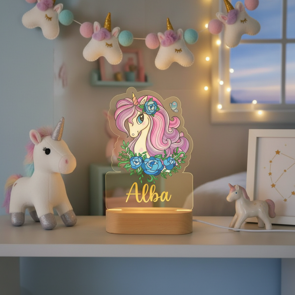 Veilleuse licorne en acrylique avec lumière douce pour rassurer les enfants la nuit