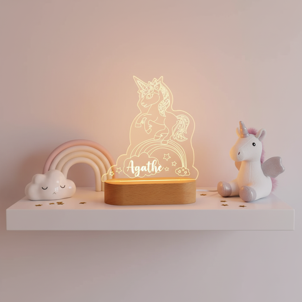 Lampe veilleuse licorne placée sur une étagère murale dans une chambre d’enfant à l’univers féérique.