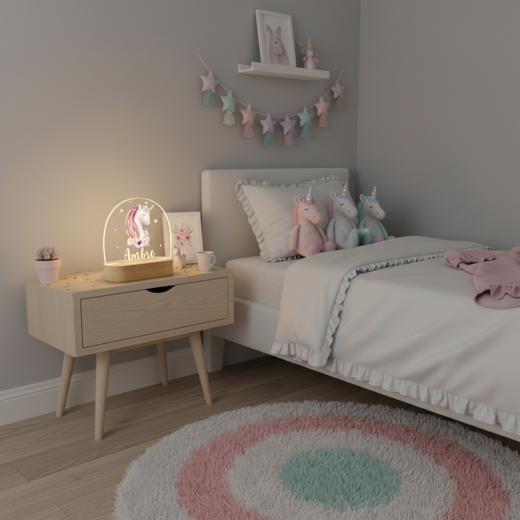 Veilleuse licorne fleurie LED posée sur une table de chevet dans une chambre d’enfant
