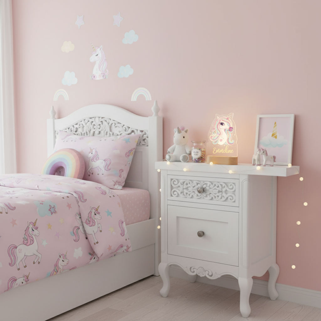 veilleuse LED licorne personnalisable éclairant une table de chevet aux tons pastel dans une chambre