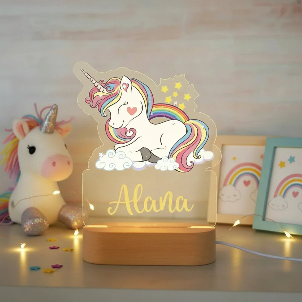 veilleuse licorne lumineuse utilisée comme élément de décoration dans une chambre d’enfant pastel