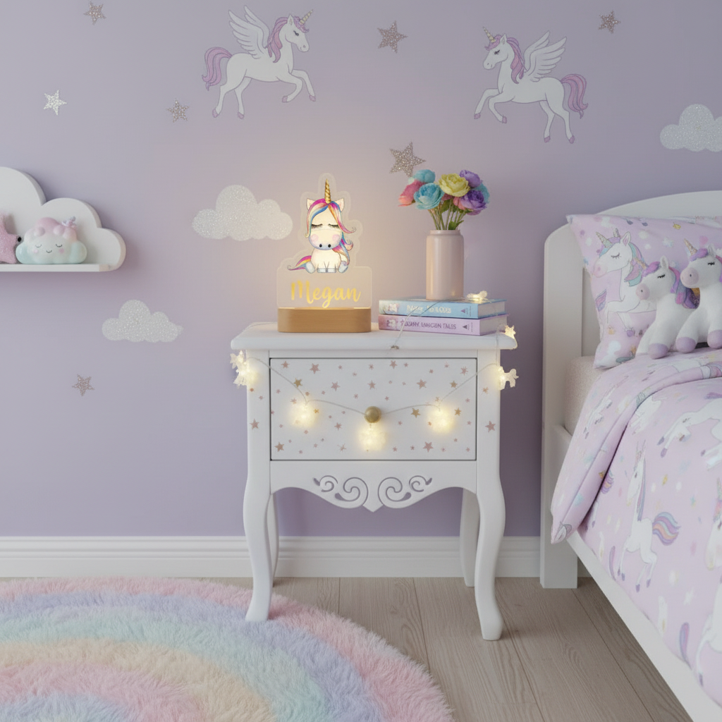 Veilleuse licorne personnalisée éclairée posée sur une table de nuit dans une chambre d’enfant à la décoration féerique et douce