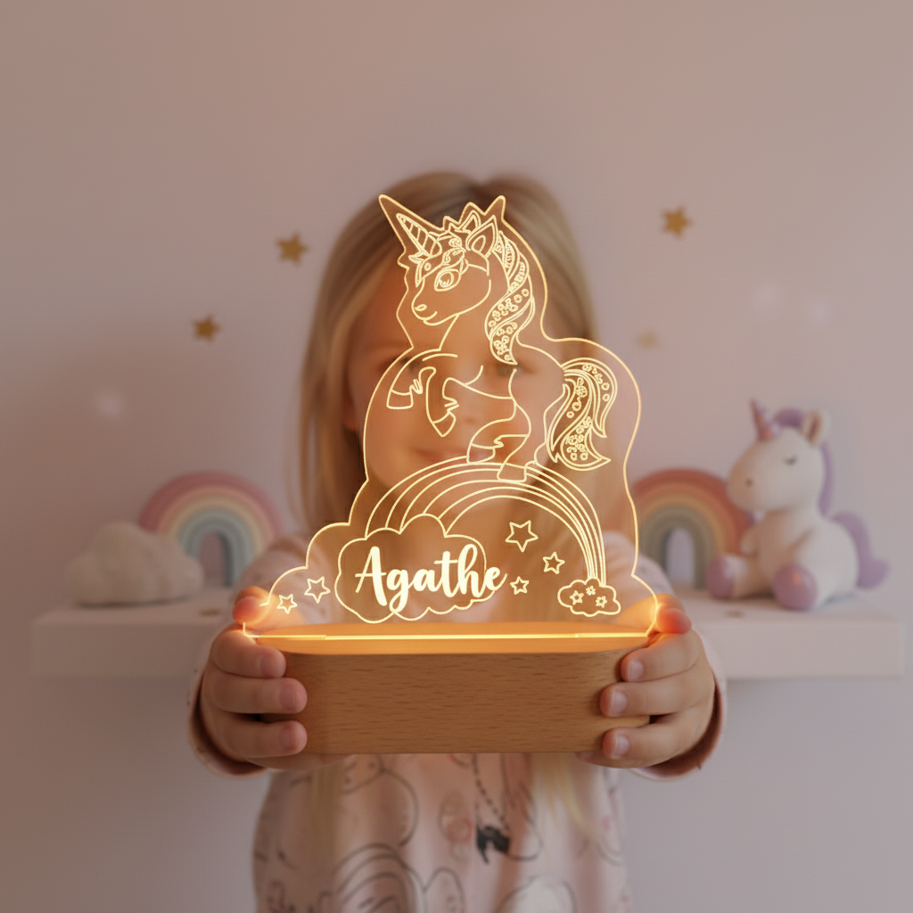 Veilleuse licorne personnalisée diffusant une lumière douce, tenue par un enfant dans une chambre décorée avec des étoiles.