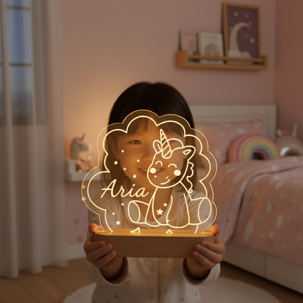 Enfant tenant une veilleuse licorne personnalisée en acrylique illuminée dans une chambre rose