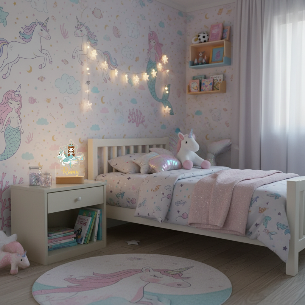 Veilleuse licorne sirène personnalisée posée dans une chambre d’enfant à l’ambiance féerique