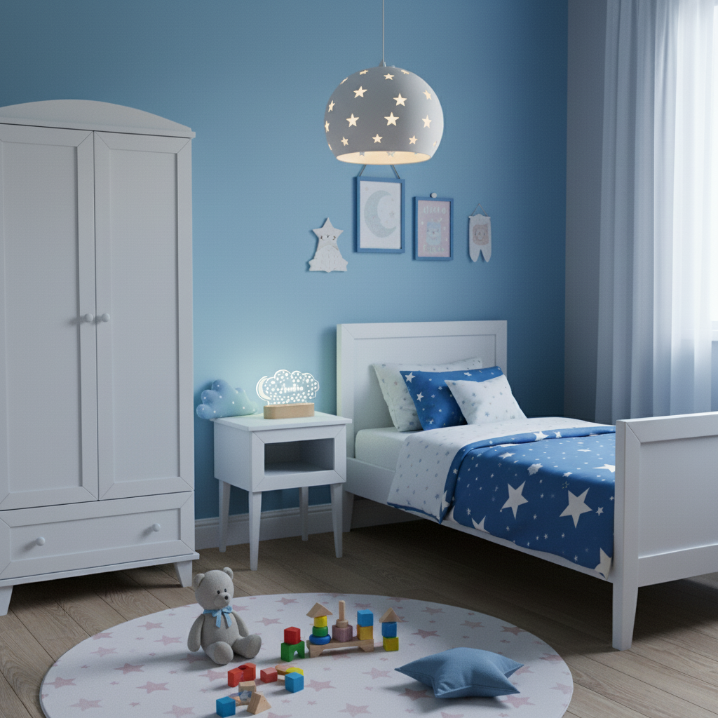 Veilleuse LED enfant nuage et lune installée sur table de chevet dans une chambre bébé aux tons bleus, créant une ambiance rassurante et chaleureuse