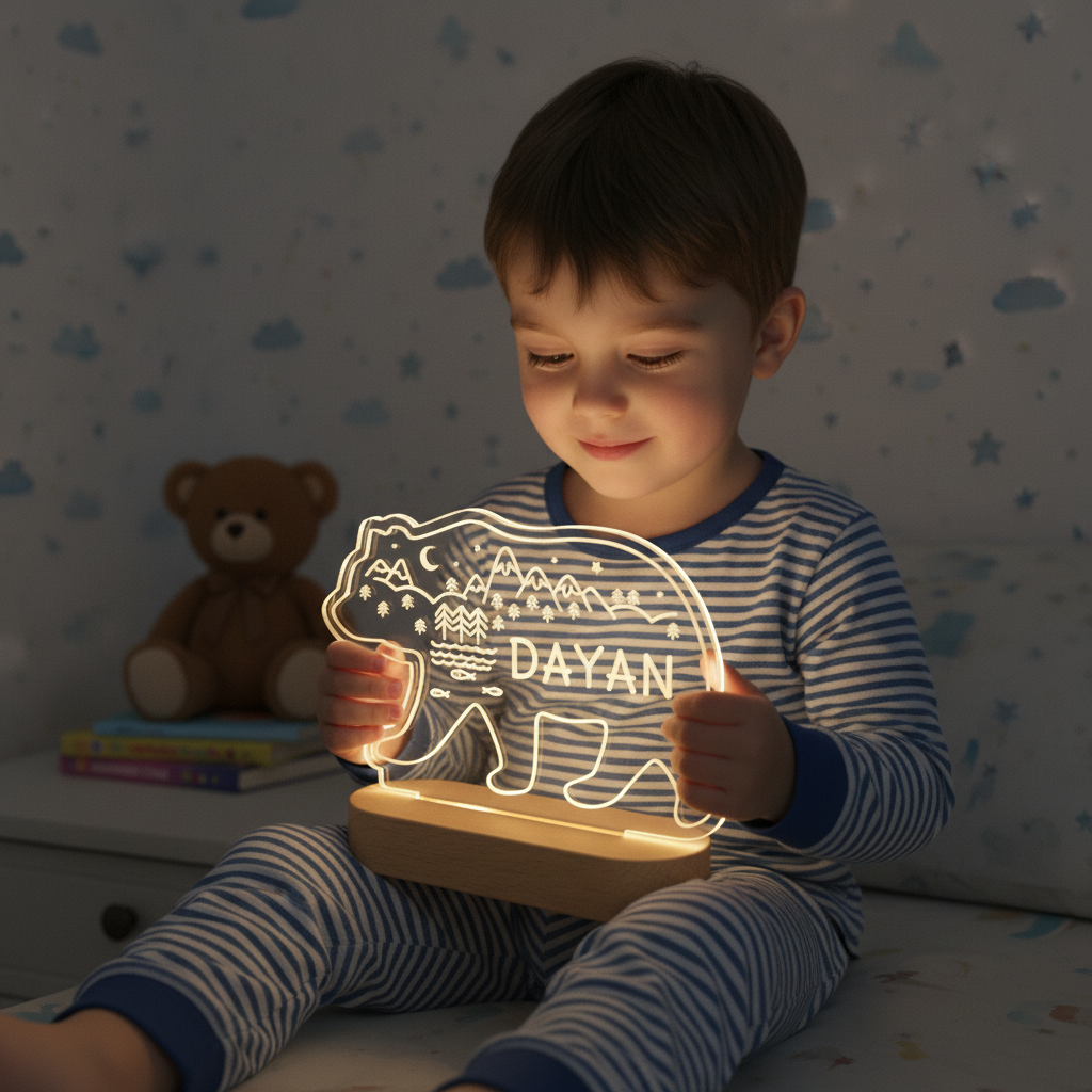 enfant tenant une veilleuse ours lumineuse dans une chambre cosy