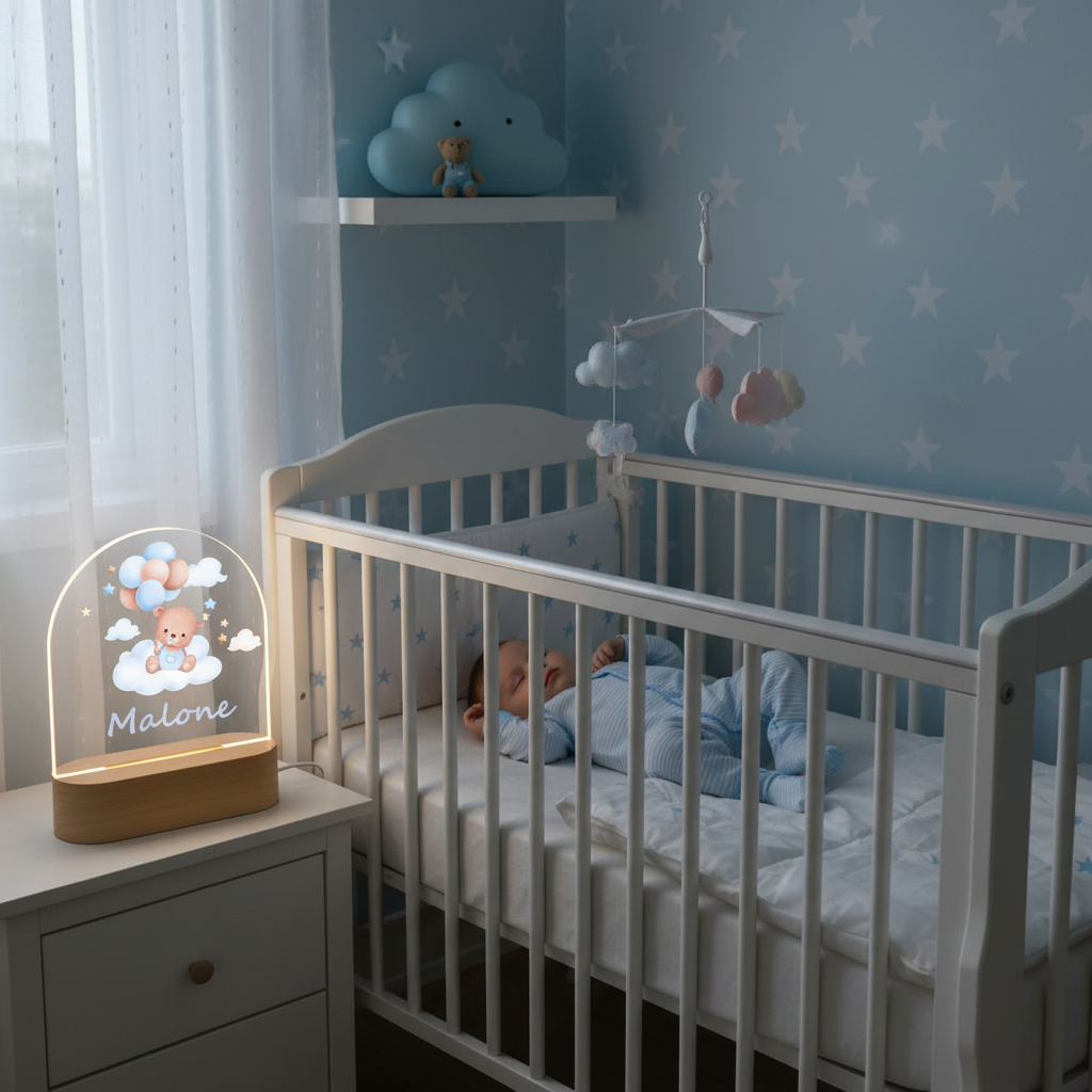 Lampe veilleuse personnalisée avec ours et ballons posée près d’un lit bébé dans une chambre bleue apaisante