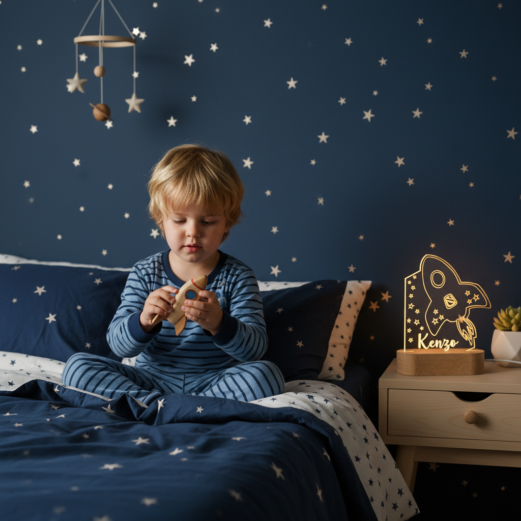 Veilleuse fusée lumineuse posée dans une chambre d’enfant au décor spatial