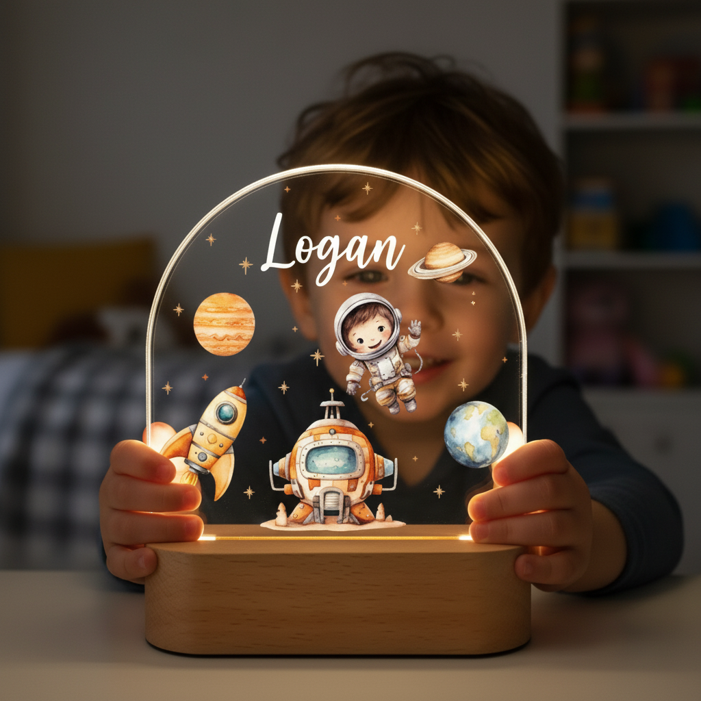 Garçon tenant une veilleuse personnalisée avec prénom, décor astronaute et espace, idéale pour la décoration de chambre enfant garçon.