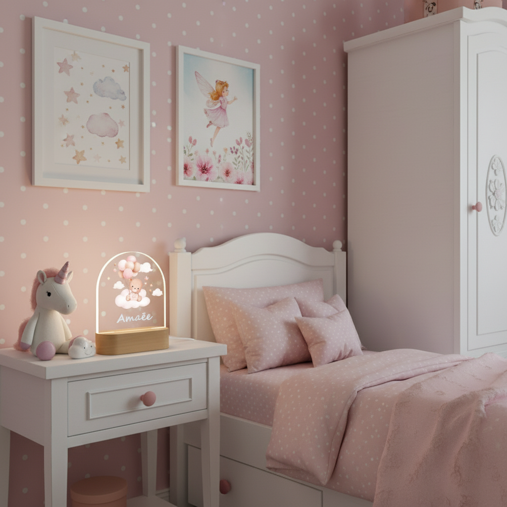 Veilleuse ourson posée sur une table de chevet dans une chambre rose décorée pour enfant.