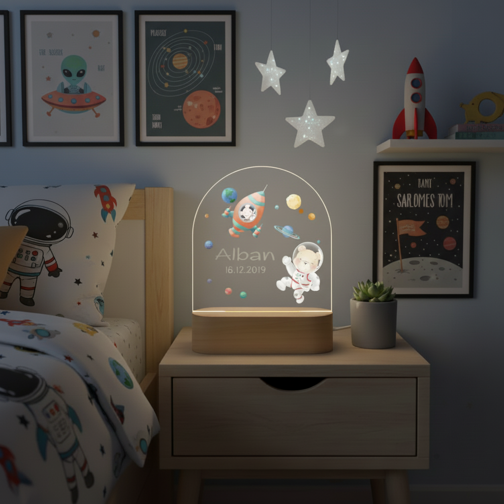 Veilleuse galaxie éclairée dans une chambre d’enfant décorée sur le thème spatial