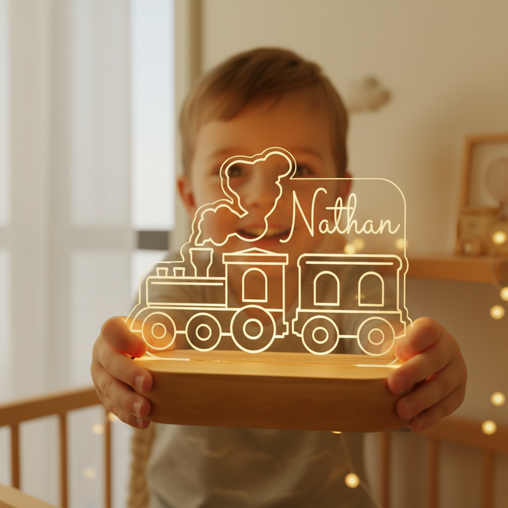 Lampe veilleuse train personnalisée tenue par un enfant dans une chambre