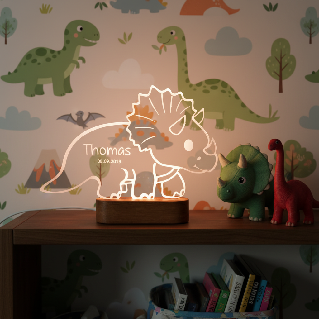 Lampe veilleuse bébé en forme de tricératops éclairé, décoration lumineuse pour chambre d’enfant.