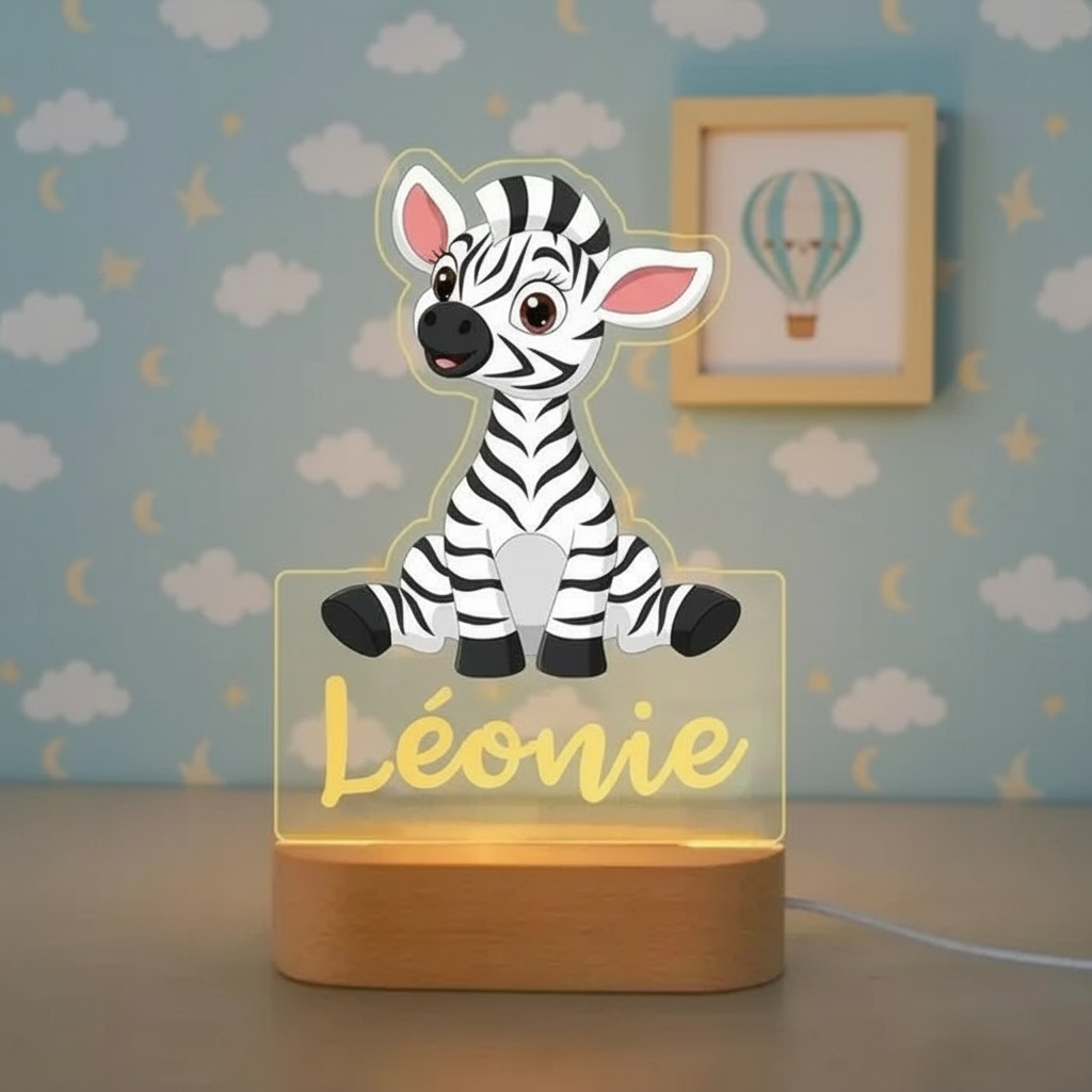 Veilleuse personnalisable zèbre avec base effet bois
