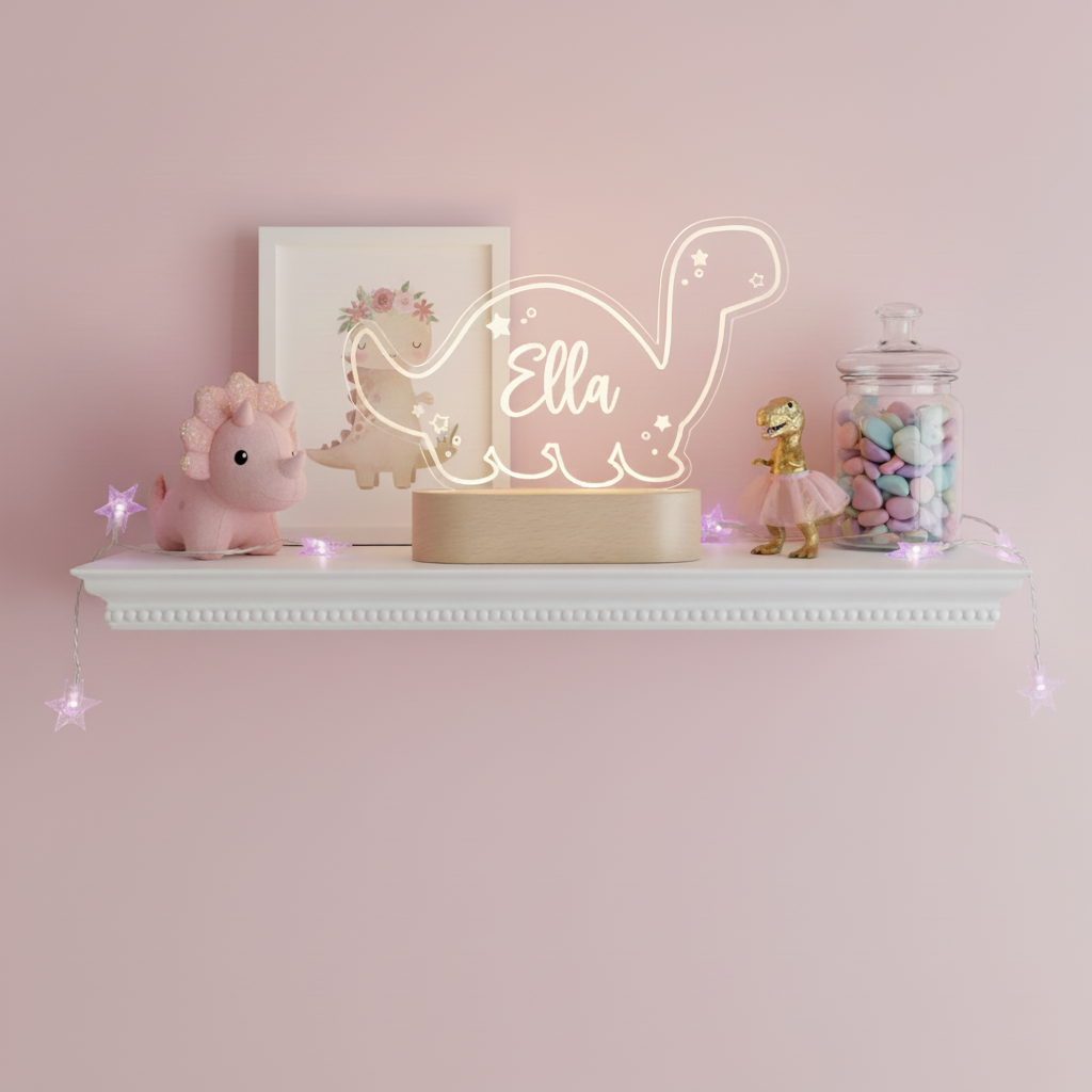 Veilleuse dinosaure allumée décorant une chambre d’enfant rose